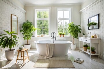 Fototapeta premium Elegant White Bathroom Interior Featuring a Luxurious Tub and Sleek Sink with Modern Fixtures, Natural Light, and Minimalist Decor for a Serene Atmosphere