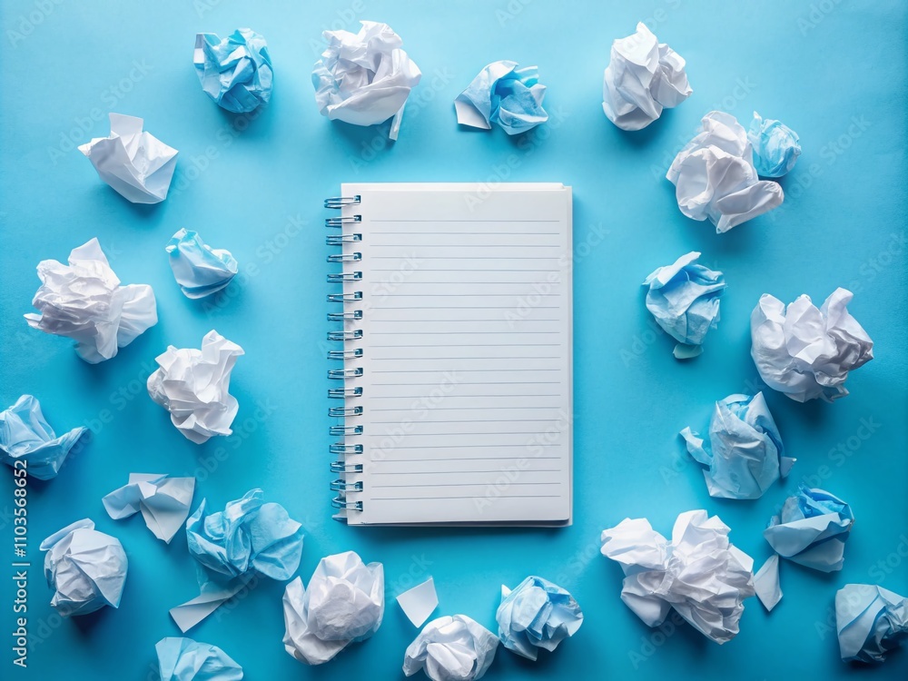 Poster Elegant White Liners Surrounding a Notepad on a Blue Background with Ample Copy Space for Creative and Professional Use in Product Photography