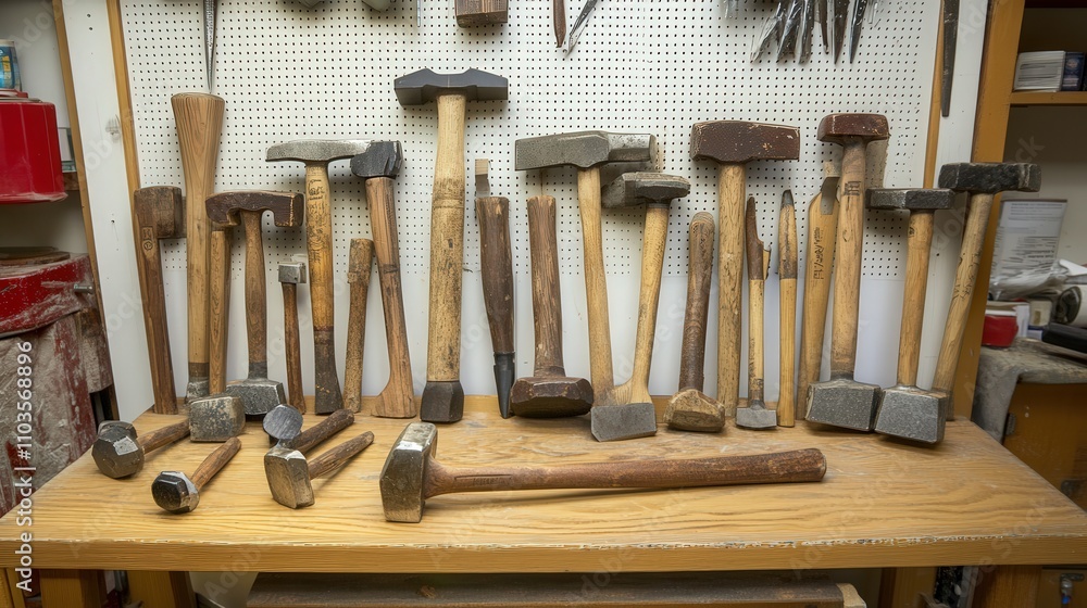 Poster a collection of different types of hammers displayed neatly on a wooden workbench.