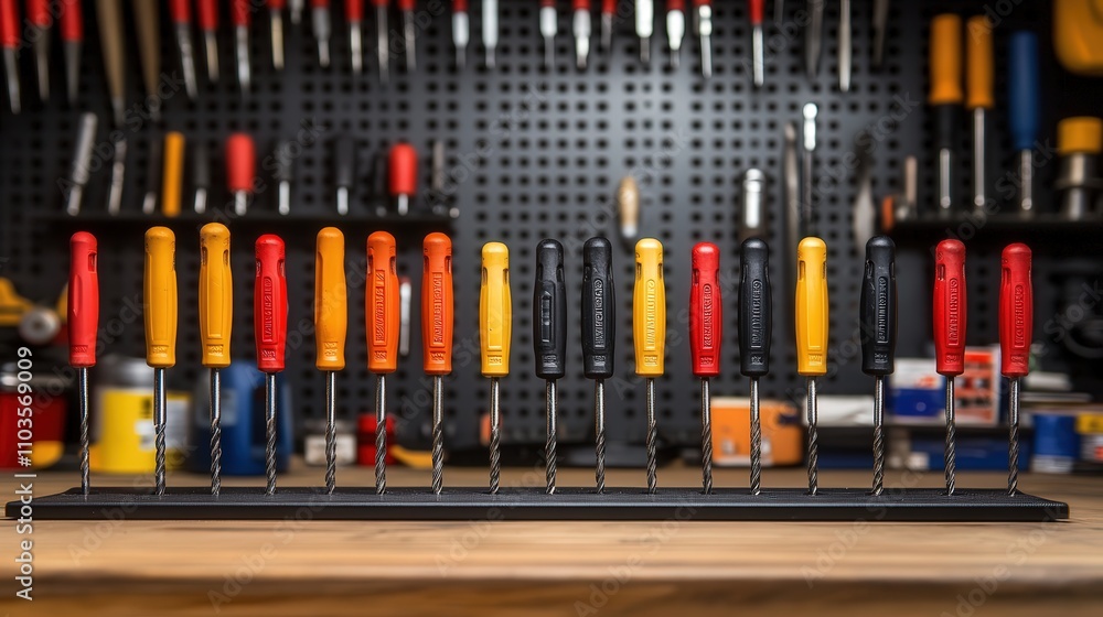Poster a collection of various screwdrivers lined up neatly on a tool bench, showcasing different sizes and