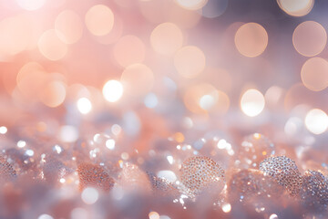 Decorative reflections and sparkles with bokeh in pastel pearl and silver colors for Christmas background. Selective focus, shallow depth of field.