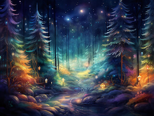 A magical forest with Christmas trees and glowing lights in the style of lampiones and watercolors.