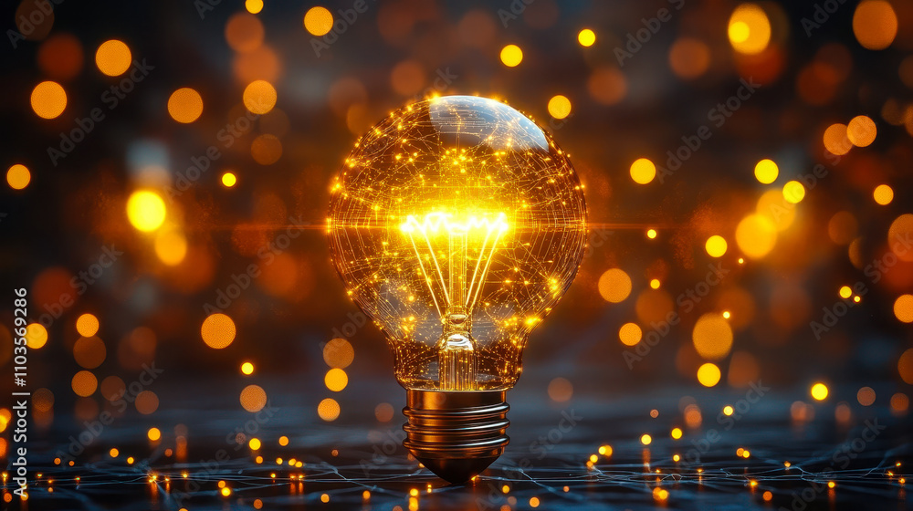 Poster innovative yellow light bulb with digital data streams symbolizing ai and technological breakthrough
