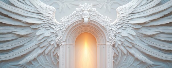 A serene architectural design featuring angelic wings, an ornate arch, and a glowing light, evoking a sense of spirituality and elegance.