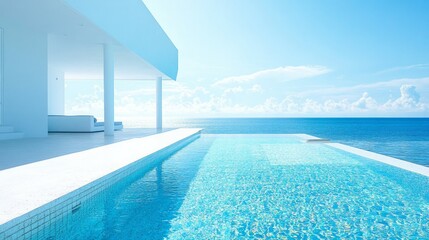Fototapeta premium Swimming pool with sea view in modern villa. Futuristic minimalist architecture and beautiful seascape