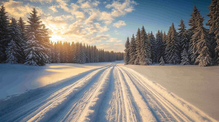 Obraz premium Snowmobile Track in a Wide Snowy Field