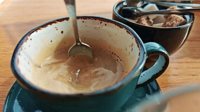 Spoon stirring sugar into a cup of hot coffee.