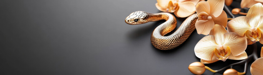 Fototapeta premium minimalist gold snake outline elegantly intertwined with delicate orchids creates striking visual contrast against dark background, evoking sense of harmony and beauty