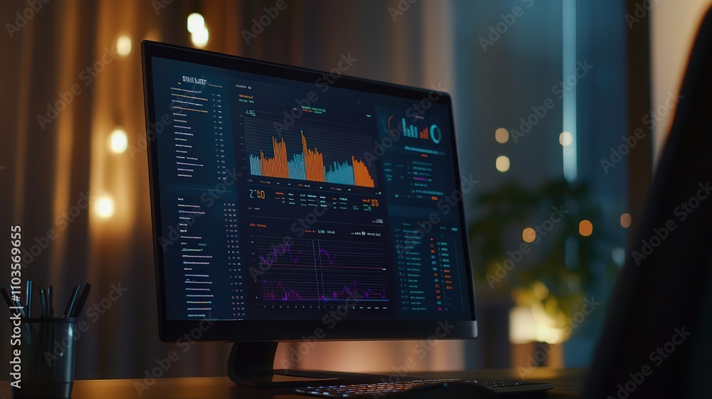 Poster a computer screen is filled with vibrant data visualizations, displaying various graphs, charts, and
