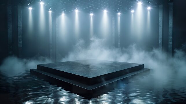 Abstract Stage: Black Acrylic Platform in Fog with Spotlights