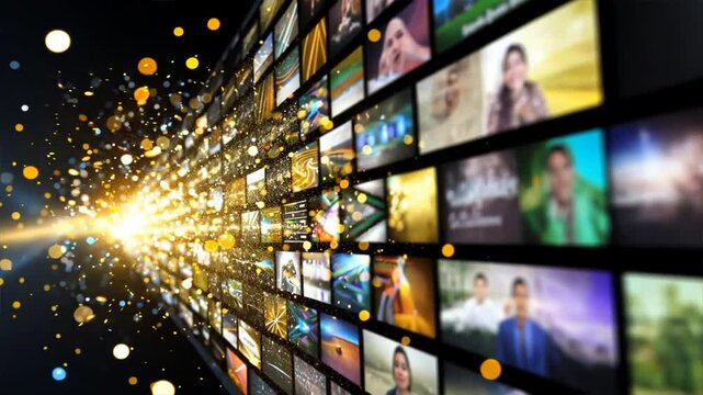 Dynamic digital media display of vibrant images and glowing particles, showcasing creativity and innovation through technology and art, creating engaging atmosphere.