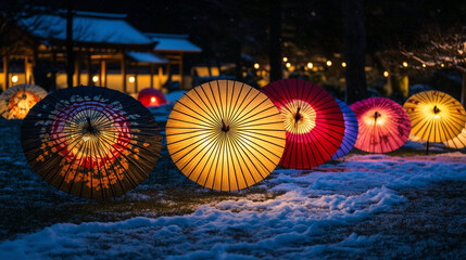 Traditional Japanese Paper Umbrellas (Wagasa) in Snow | Winter Night Garden Illumination with Colorful Japanese Parasols | Artistic Oriental Light Installation | Traditional Japanese Cultural Photogra