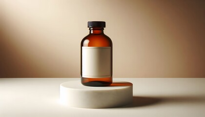 Amber glass bottle with white label on a white pedestal against a beige backdrop