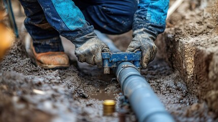 A construction worker cutting metal pipes with a pipe cutter, preparing them for installation in the plumbing system of a new residential or commercial building.
