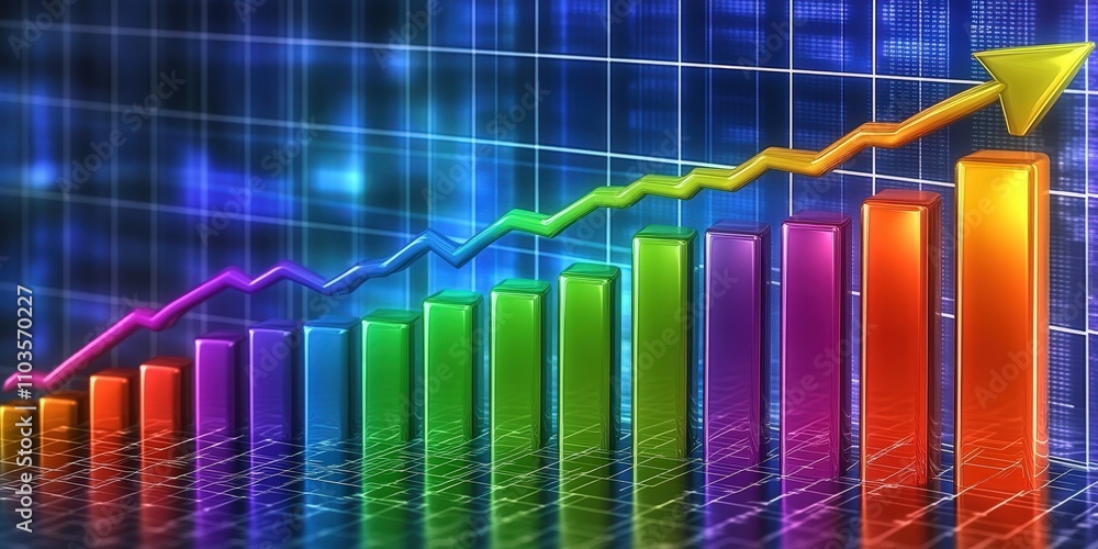 Poster vibrant graph with arrow pointing upwards, symbolizing growth and success in a colorful digital envi