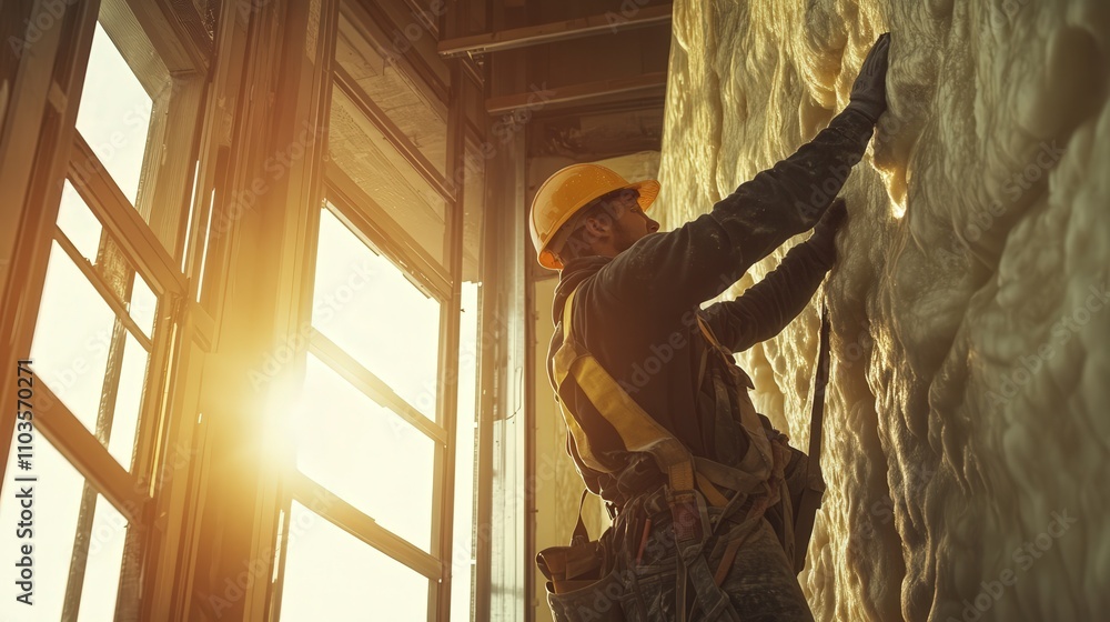 Poster installing insulation in the walls of a building, ensuring the material is placed properly to maximi