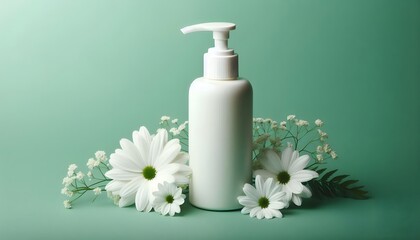White pump bottle on green background and white flowers