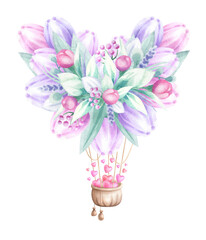 Heart shaped flower balloon with a basket filled with flying hearts. Hand draw watercolor isolated illustration on white for romantic Valentines Day greeting card, invitation and weddings designs.