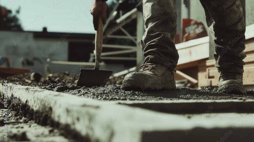Poster laying down concrete for a foundation, using a trowel to smooth the surface and ensure a level base 