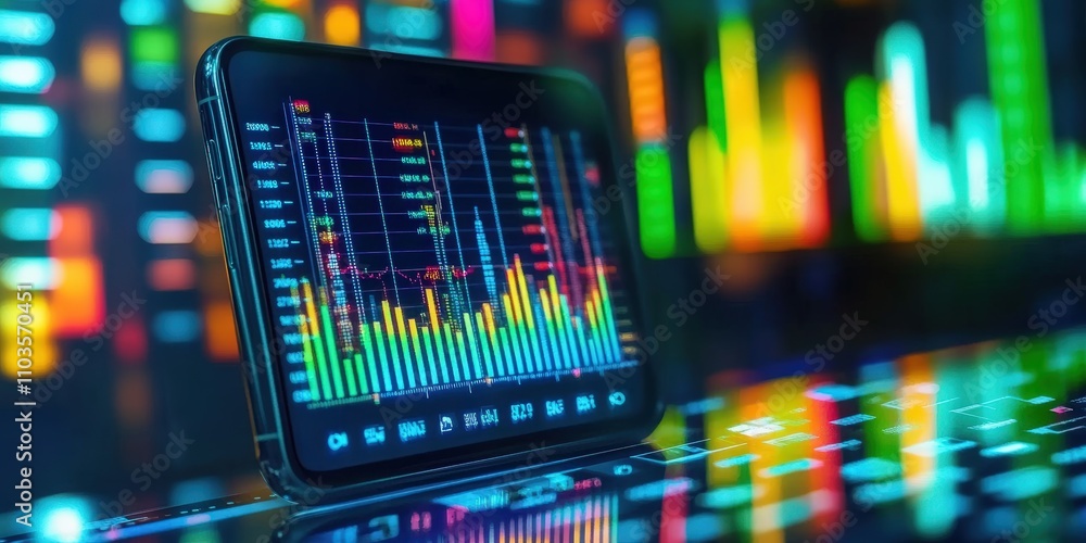 Poster artistic representation of the stock market with colorful graphs and data visualization in a modern 