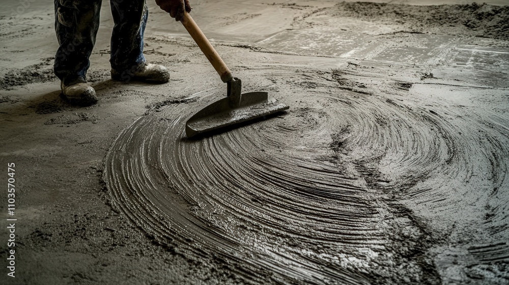 Poster a construction worker leveling a floor with a large, smooth tool, ensuring the surface is even befor
