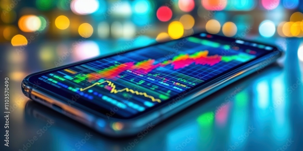 Poster artistic representation of stock market trends with vibrant color schemes and abstract digital eleme