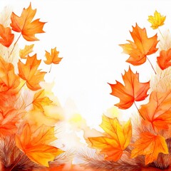 Fototapeta premium A white watercolor background of orange fall leaves