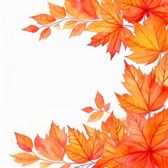 A white watercolor background of orange fall leaves