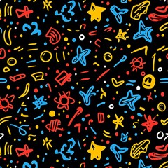 Unique abstract doodle designs in psychedelic colors against black background