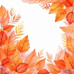 A white watercolor background of orange fall leaves