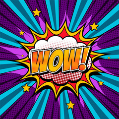 Wow! comic speech bubble or shout balloon in trendy pop art style in front of ray background vector illustration.