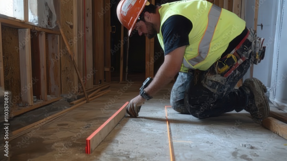 Poster laser level to check the alignment of walls and flooring, ensuring that everything is level and stra