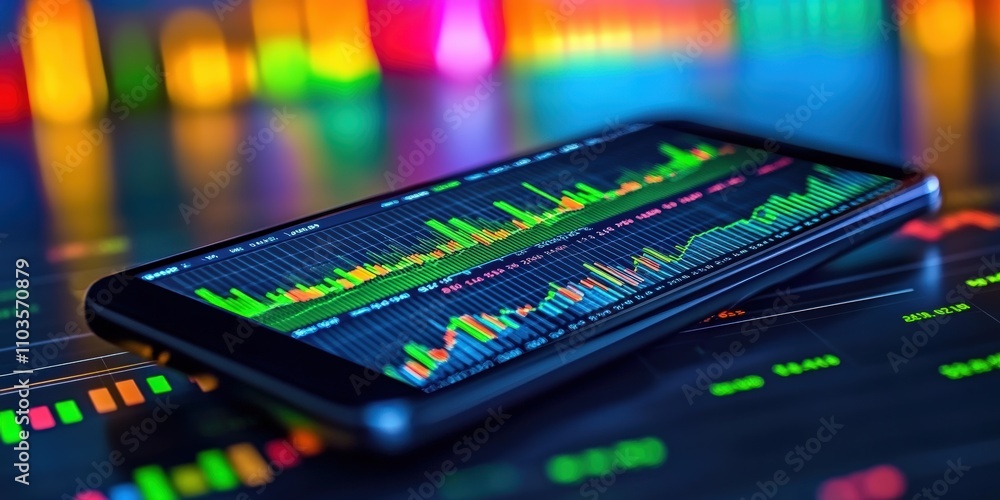Poster advanced smartphone displaying colorful data visualization on a glossy surface with a vibrant backgr