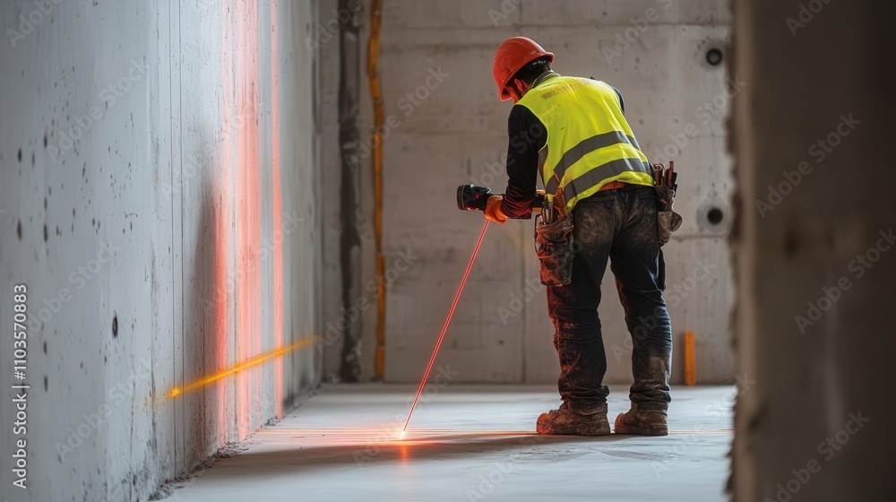 Poster laser level to check the alignment of walls and flooring, ensuring that everything is level and stra
