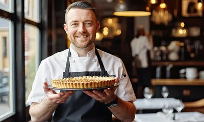 A skilled baker proudly holds a beautifully crafted pie in a bustling restaurant, highlighting culinary expertise and dedication to quality