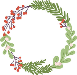 A wreath made of green leaves and berries with a white background