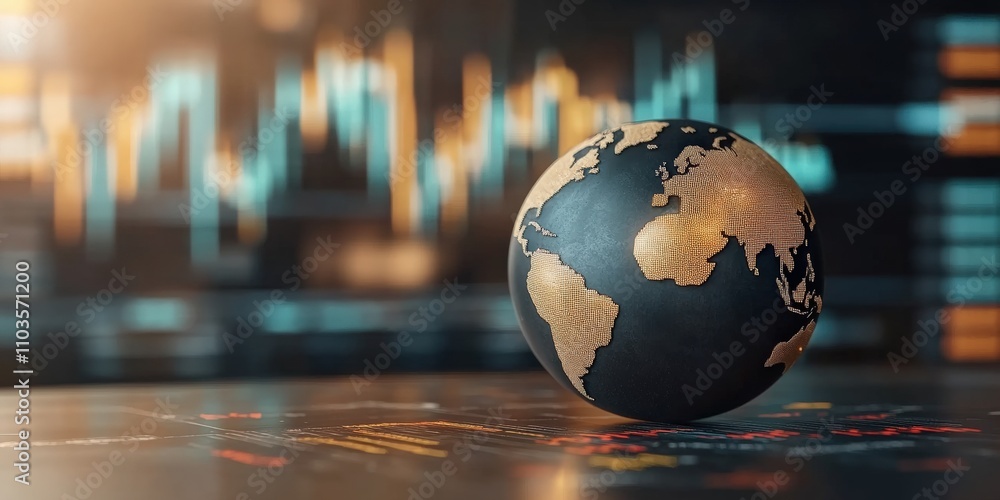 Poster black and gold globe on a stock market chart background representing global financial trends and dat