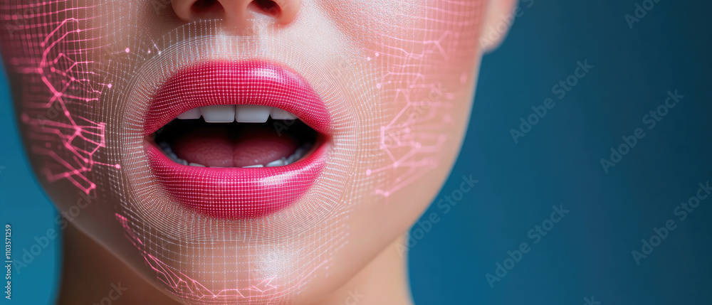Poster futuristic voice authorization interface, detailed close-up of a digital mouth displaying advanced t