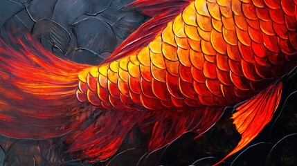 Obraz premium A vibrant close-up of a goldfish's tail, showcasing its scales and colors in detail.