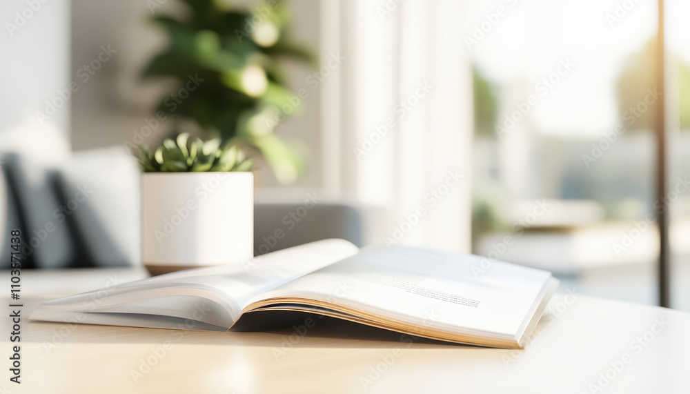 Poster modern workspace featuring open magazine on desk with potted plant in background, creating serene an