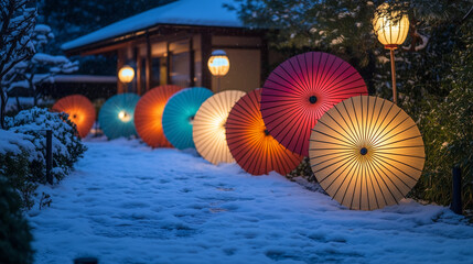 Traditional Japanese Paper Umbrellas (Wagasa) in Snow | Winter Night Garden Illumination with Colorful Japanese Parasols | Artistic Oriental Light Installation | Traditional Japanese Cultural Photogra