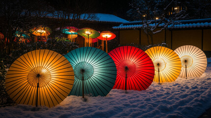 Traditional Japanese Paper Umbrellas (Wagasa) in Snow | Winter Night Garden Illumination with Colorful Japanese Parasols | Artistic Oriental Light Installation | Traditional Japanese Cultural Photogra