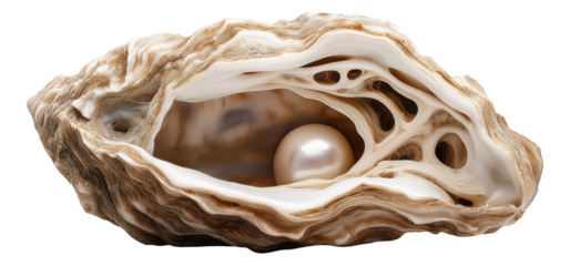 An open oyster shell containing a single pearl inside.