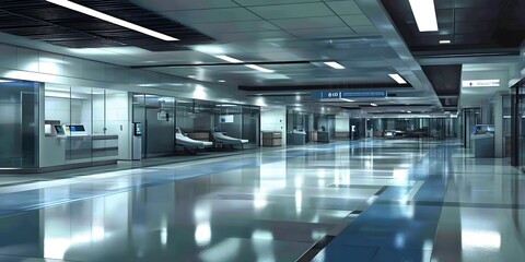 Obraz premium A modern, spacious hospital corridor with patient rooms and medical facilities.