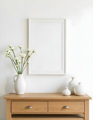 A white framed wall art hanging above a wooden console table with a vase of white flowers and other decorative items