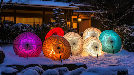 Traditional Japanese Paper Umbrellas (Wagasa) in Snow | Winter Night Garden Illumination with Colorful Japanese Parasols | Artistic Oriental Light Installation | Traditional Japanese Cultural Photogra