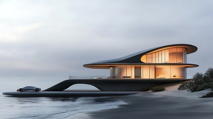 Futuristic modern home design, integrating sustainable energy systems, procedural generative AI elements, and sharp detailed finishes, optimized for an innovative lifestyle 