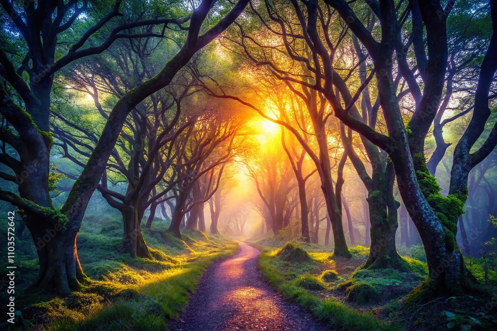Aufkleber enchanted silhouette of a magical forest path at dusk with mystical light filtering through the tree
