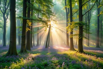 Obraz premium Enchanted Sunlight Filtering Through Misty Woods: A Dreamlike Landscape of Ethereal Beauty and Mystique in a Foggy Forest Environment