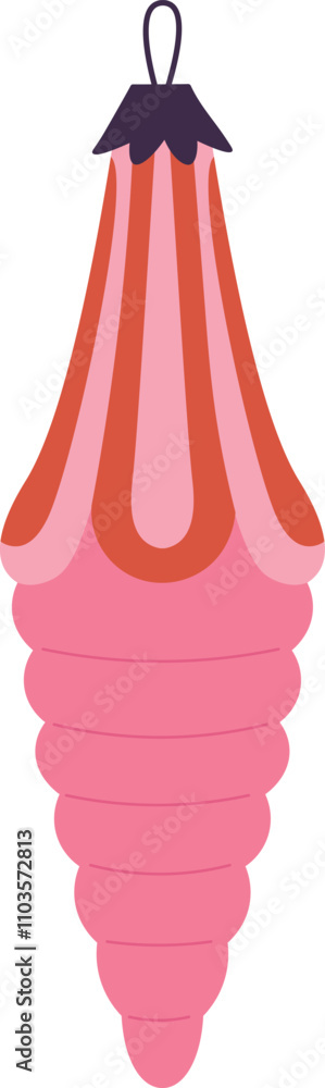 Poster a pink ornament with a red stripe is hanging from a string